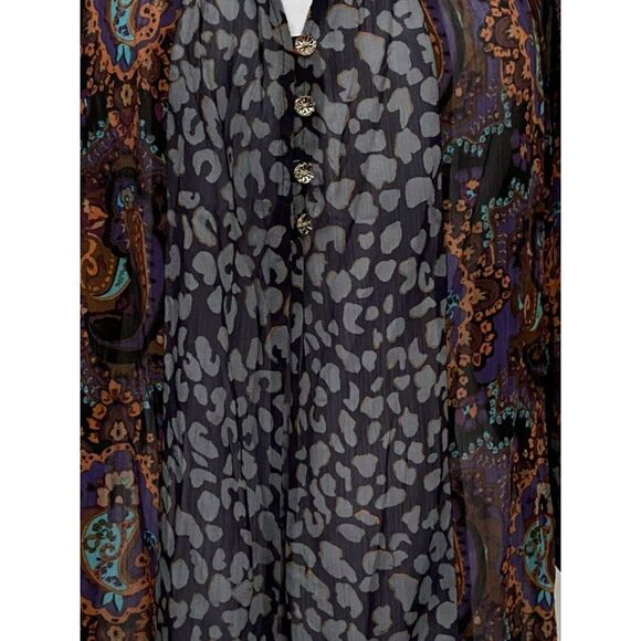 Figueroa & flower Sz L Beaded V-Neck Pop Art Print Semi Sheer Pullover Top - Picture 4 of 7